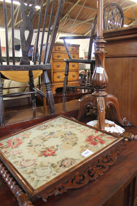 Victorian rosewood firescreen with floral needlework banner (polescreen) A/F(-)